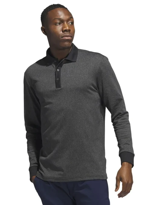 Adidas Essentials Heathered Long Sleeve Polo Shirt - Black Melange
