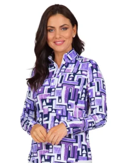 Ibkul Jennifer Print Long Sleeve Mock Neck Top - Plum/Navy