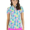 Ibkul Lilli Print Short Sleeve Mock Neck - Hot Pink/Multi
