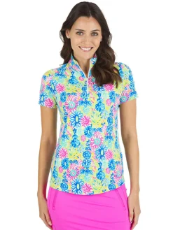 Ibkul Lilli Print Short Sleeve Mock Neck - Hot Pink/Multi