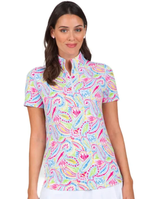 Ibkul Massie Print Short Sleeve Mock Neck - Watermelon/Multi