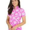 Ibkul Ruthie Print Short Sleeve Mock Neck - Hot Pink/Multi